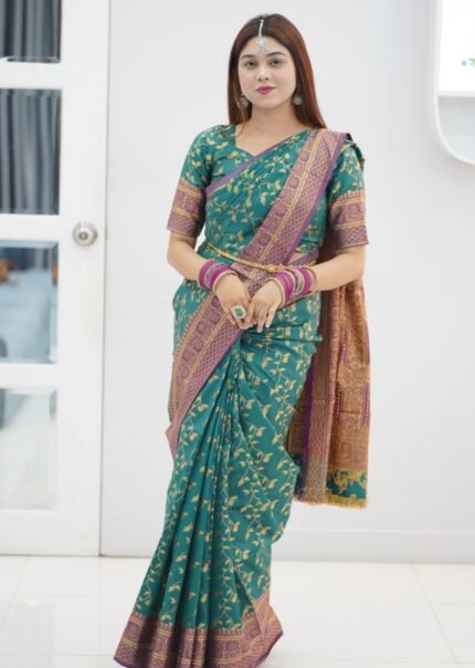 প্রিমিয়াম কোয়ালেটির কাশ্মীরি লতা কাতান শাড়ি + ব্লাউজ পিস – (কোড ০২)